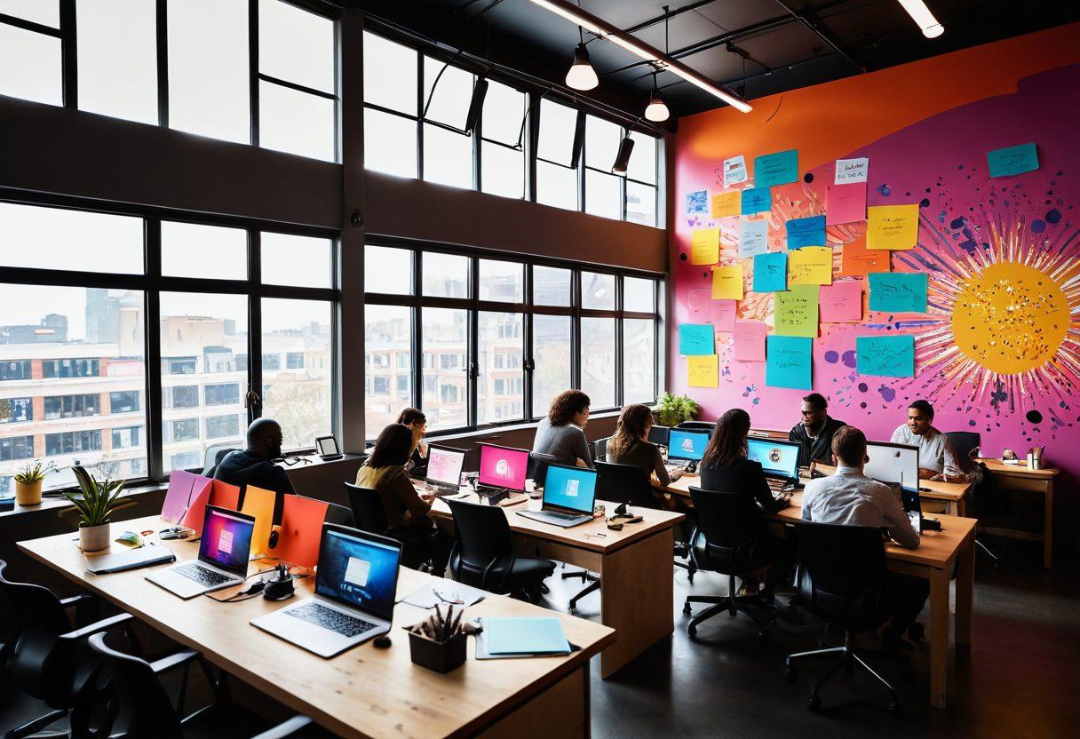 A dynamic scene depicting a diverse group of bloggers passionately collaborating on their laptops in a creative co-working space, surrounded by vibrant digital art and colorful post-it notes. The atmosphere exudes energy and innovation, with the essence of storytelling reflected through illustrated thought bubbles showcasing their unique narratives. Bright sunlight floods the room, creating an inviting and inspiring environment. vibrant colors. 3D. digital art.