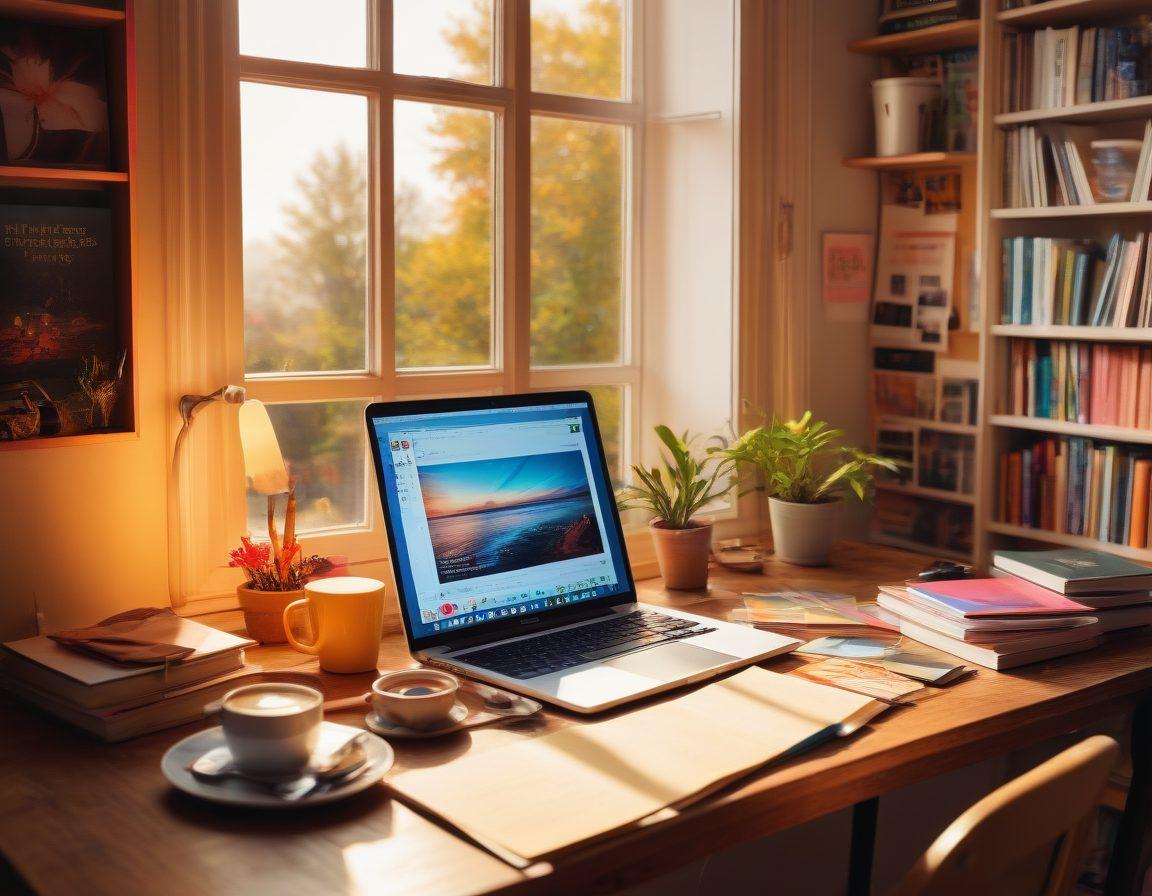 An inspiring workspace featuring a laptop open on a blogging platform with vibrant notes and colorful stationery scattered around. A cozy armchair nearby with a steaming coffee cup, and a bookshelf filled with blog-related books and tools. Warm sunlight streaming through a window, illuminating a motivational poster on the wall about content creation. bright colors. cozy atmosphere. super-realistic.