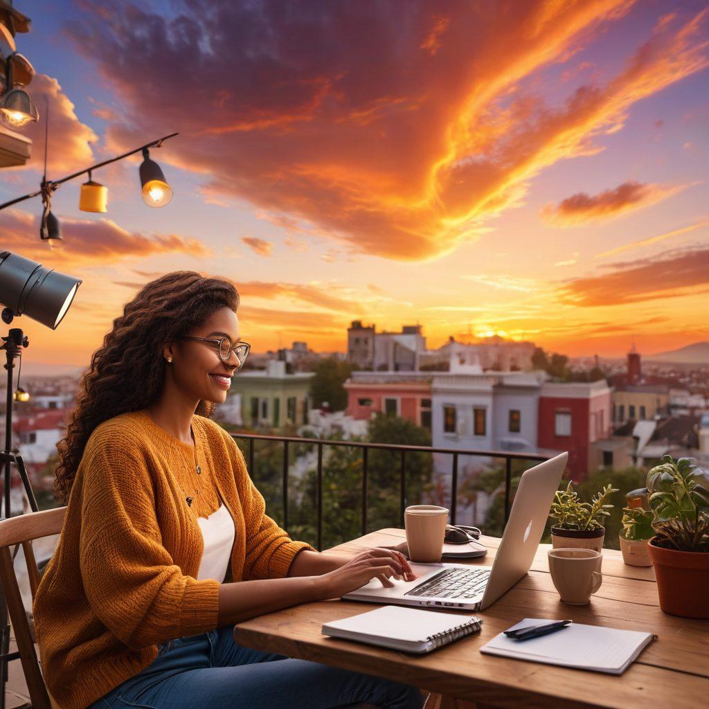 A vibrant scene of a person joyfully typing on a laptop surrounded by various blogging tools like a camera, notepad, and coffee, symbolizing the journey from hobby to profession. In the background, a diverse community of bloggers engaging in discussions and sharing ideas, set against an inspiring sunset sky. The atmosphere is lively and creative, reflecting empowerment and passion for content creation. super-realistic. vibrant colors. cozy atmosphere.